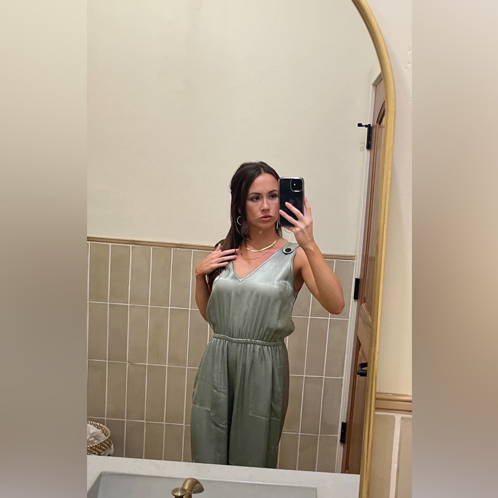 Faux satin sage semi formal jump suit /pantsuit, perfect for a semi formal event